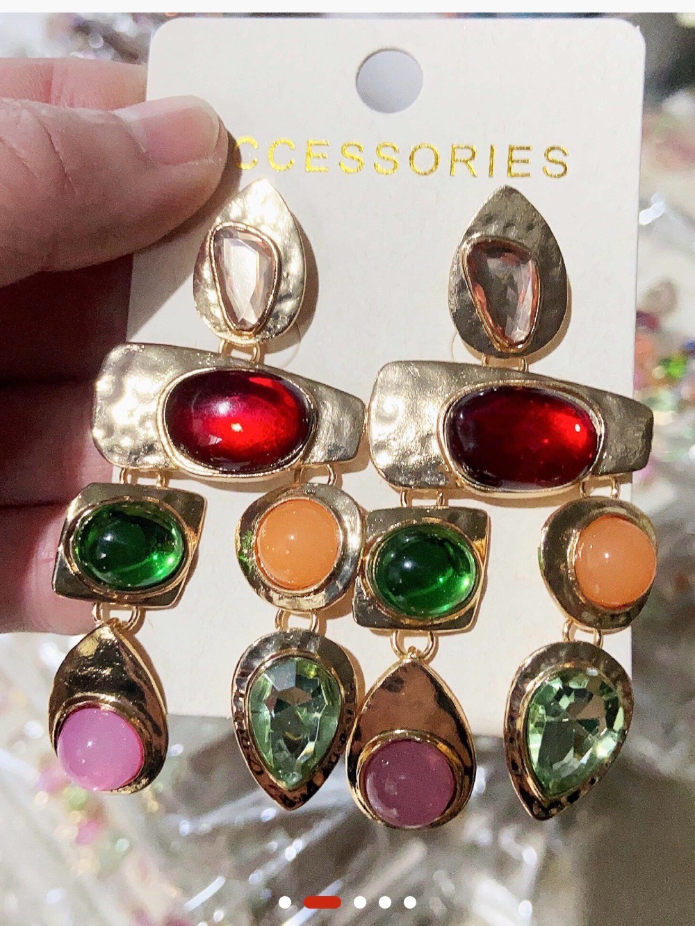 Gold-Tone Multi Gem Dangle Earrings - Red, Green, Orange, Pink, Light Green